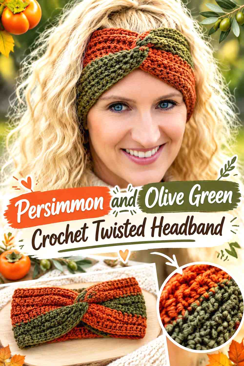 12. Persimmon And Olive Green Crochet Twisted Headband