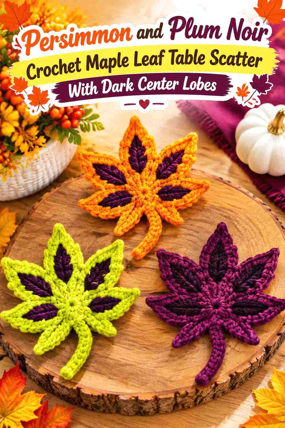 13. Persimmon And Plum Noir Crochet Maple Leaf Table Scatter With Dark Center Lobes