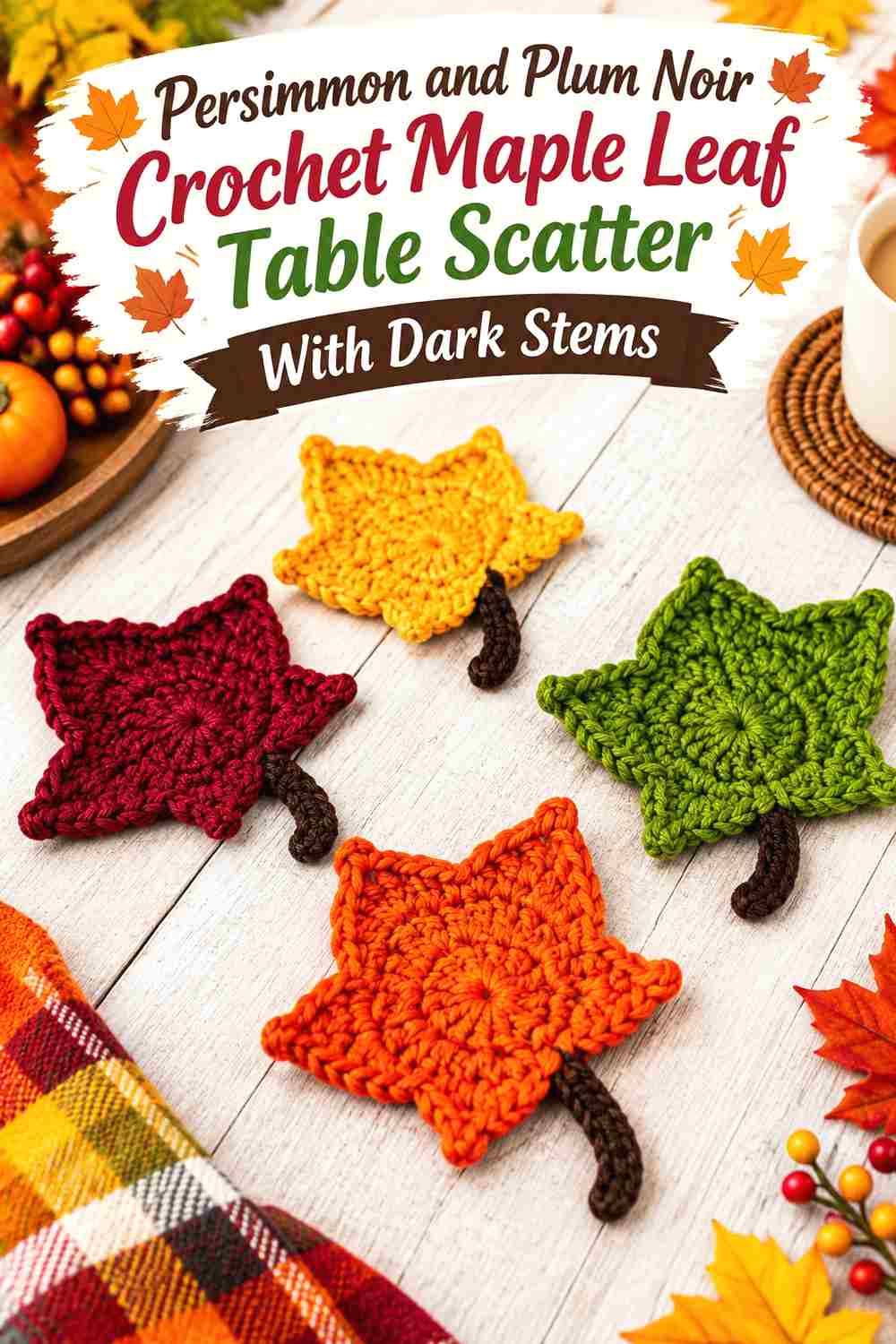 1. Persimmon And Plum Noir Crochet Maple Leaf Table Scatter With Dark Stems