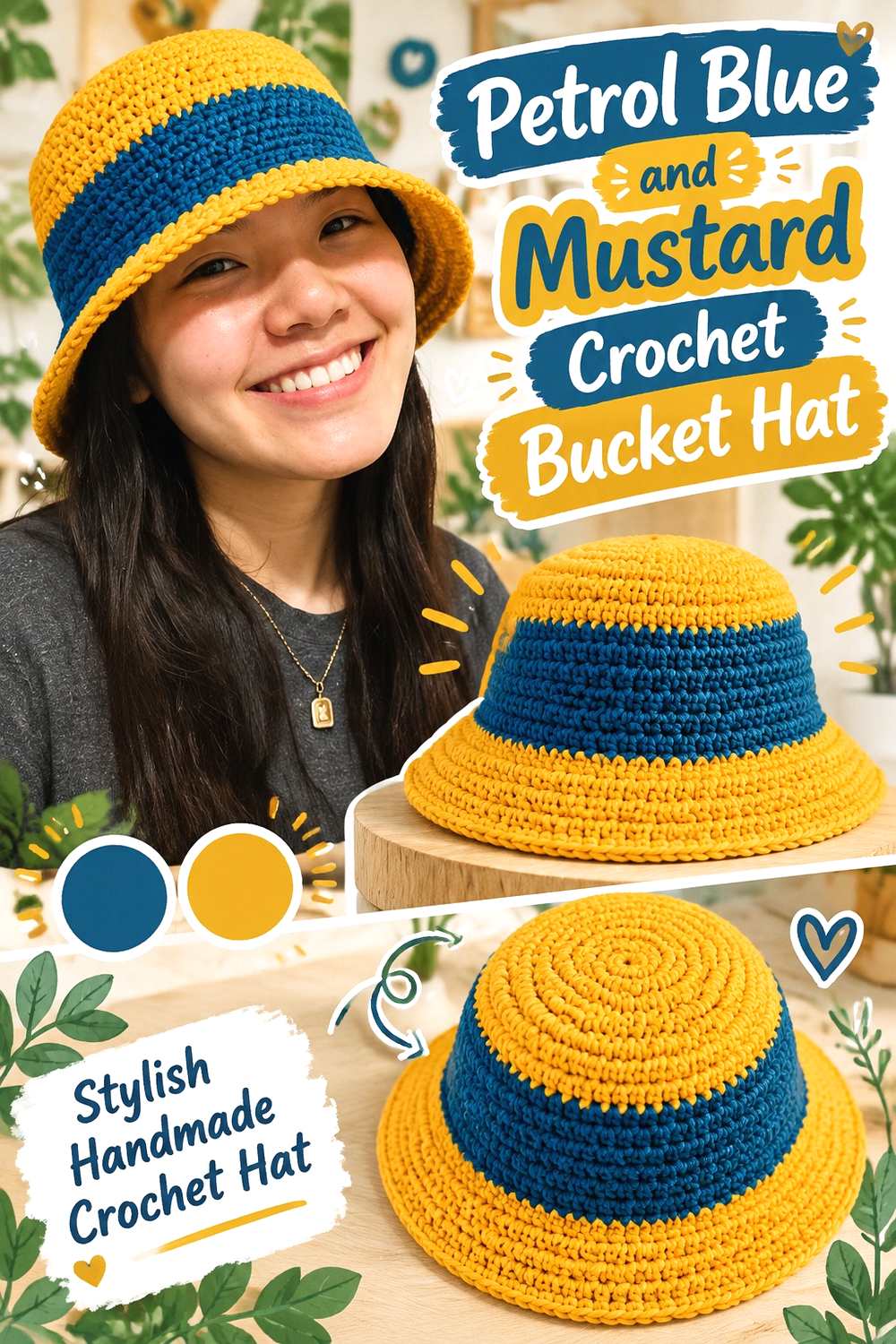 3. Petrol Blue And Mustard Crochet Bucket Hat