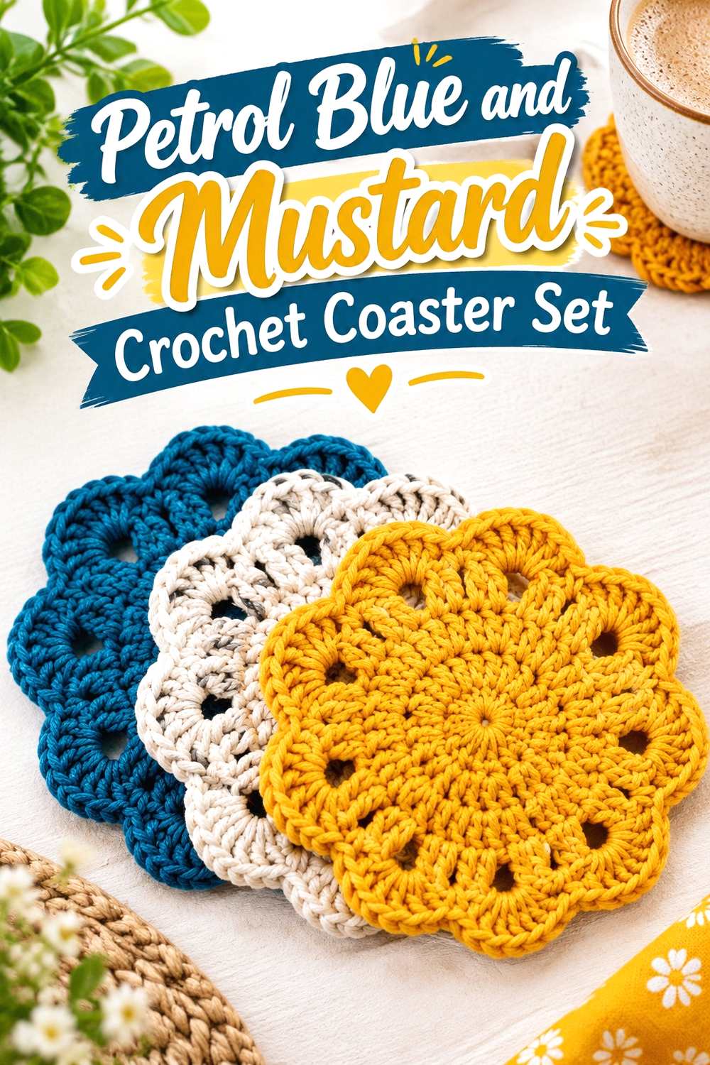 8. Petrol Blue And Mustard Crochet Coaster Set