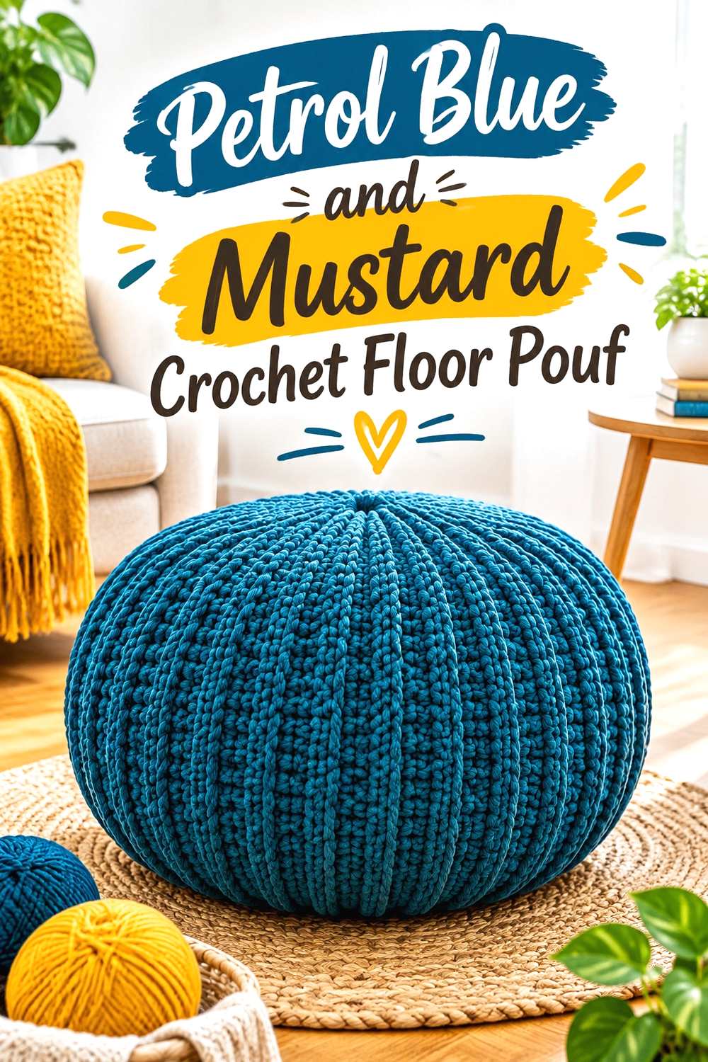 11. Petrol Blue And Mustard Crochet Floor Pouf