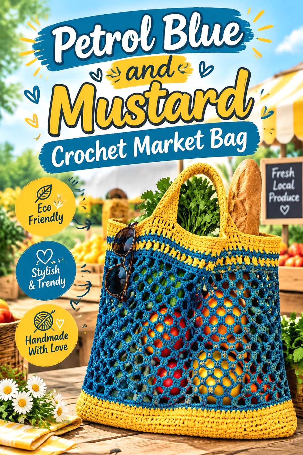 14. Petrol Blue And Mustard Crochet Market Bag