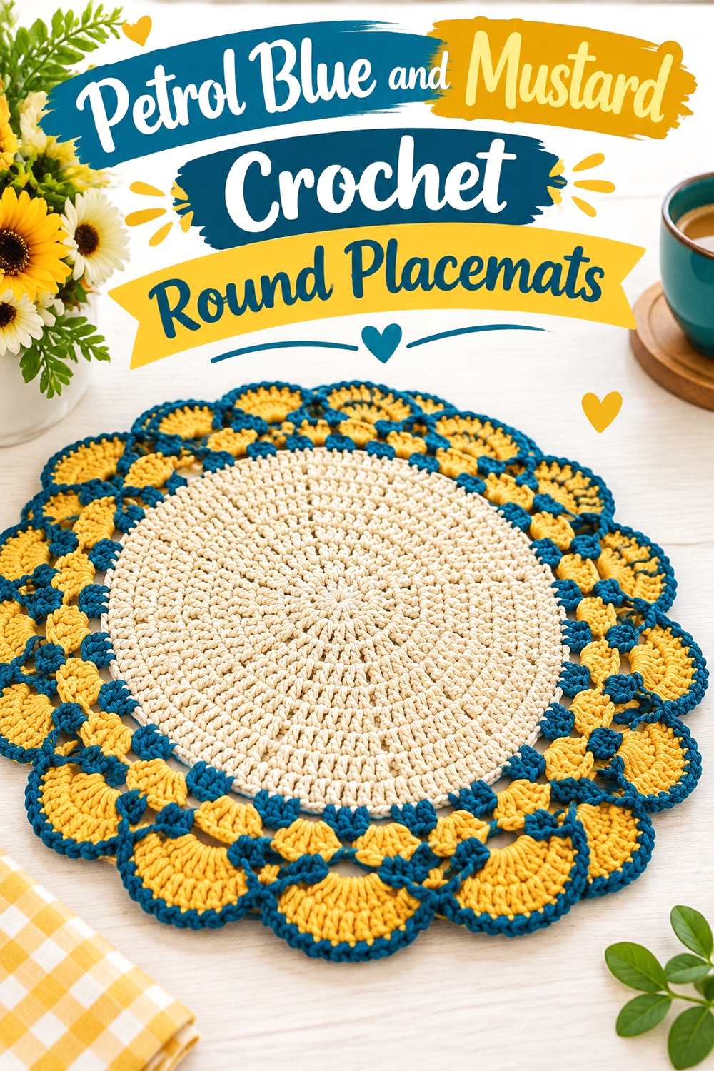 12. Petrol Blue And Mustard Crochet Round Placemats