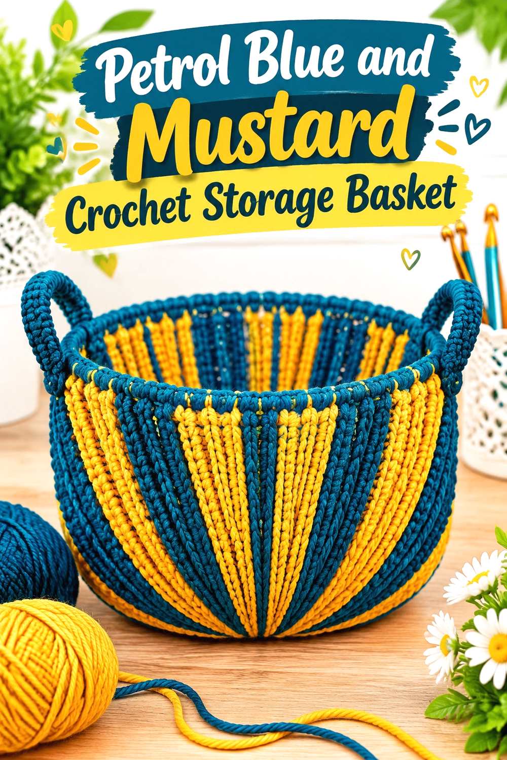 6. Petrol Blue And Mustard Crochet Storage Basket