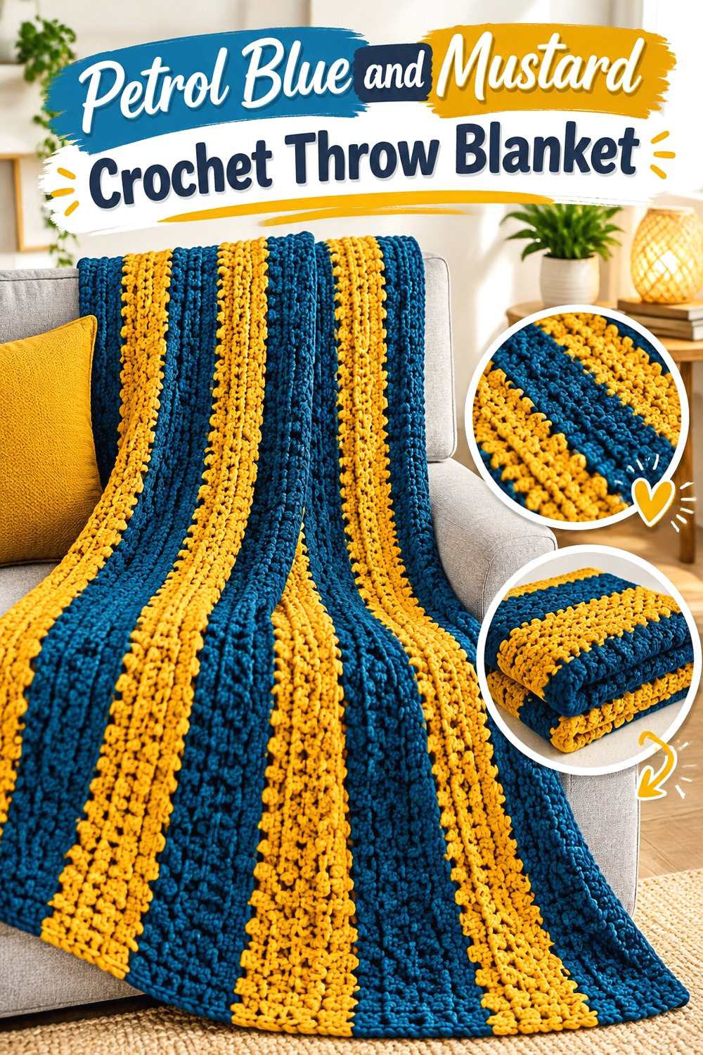 4. Petrol Blue And Mustard Crochet Throw Blanket