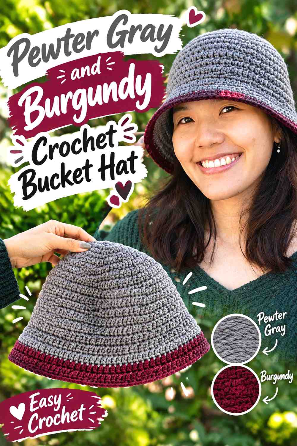 10. Pewter Gray And Burgundy Crochet Bucket Hat