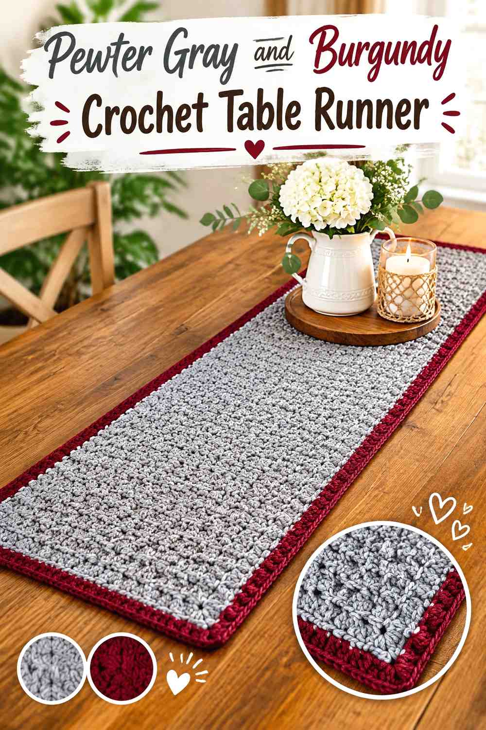 8. Pewter Gray And Burgundy Crochet Table Runner