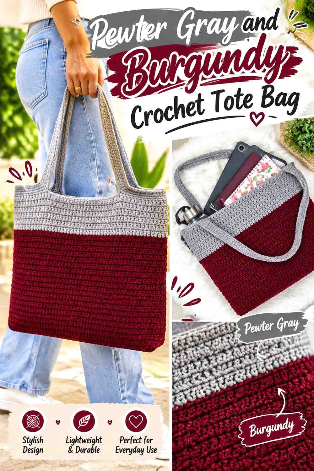 4. Pewter Gray And Burgundy Crochet Tote Bag