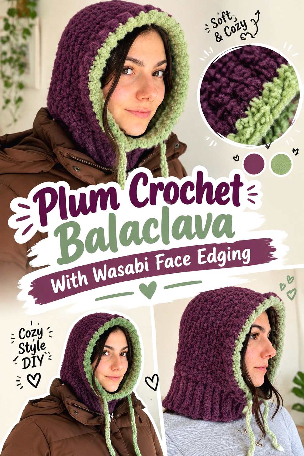 7. Plum Crochet Balaclava With Wasabi Face Edging