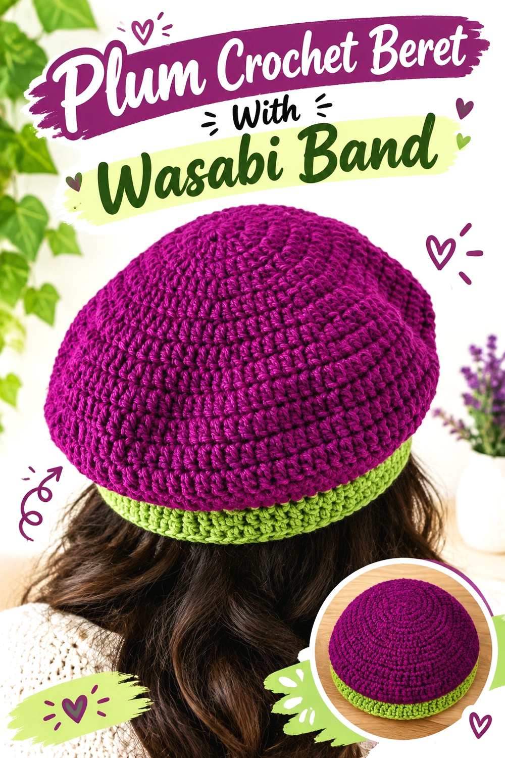 12. Plum Crochet Beret With Wasabi Band