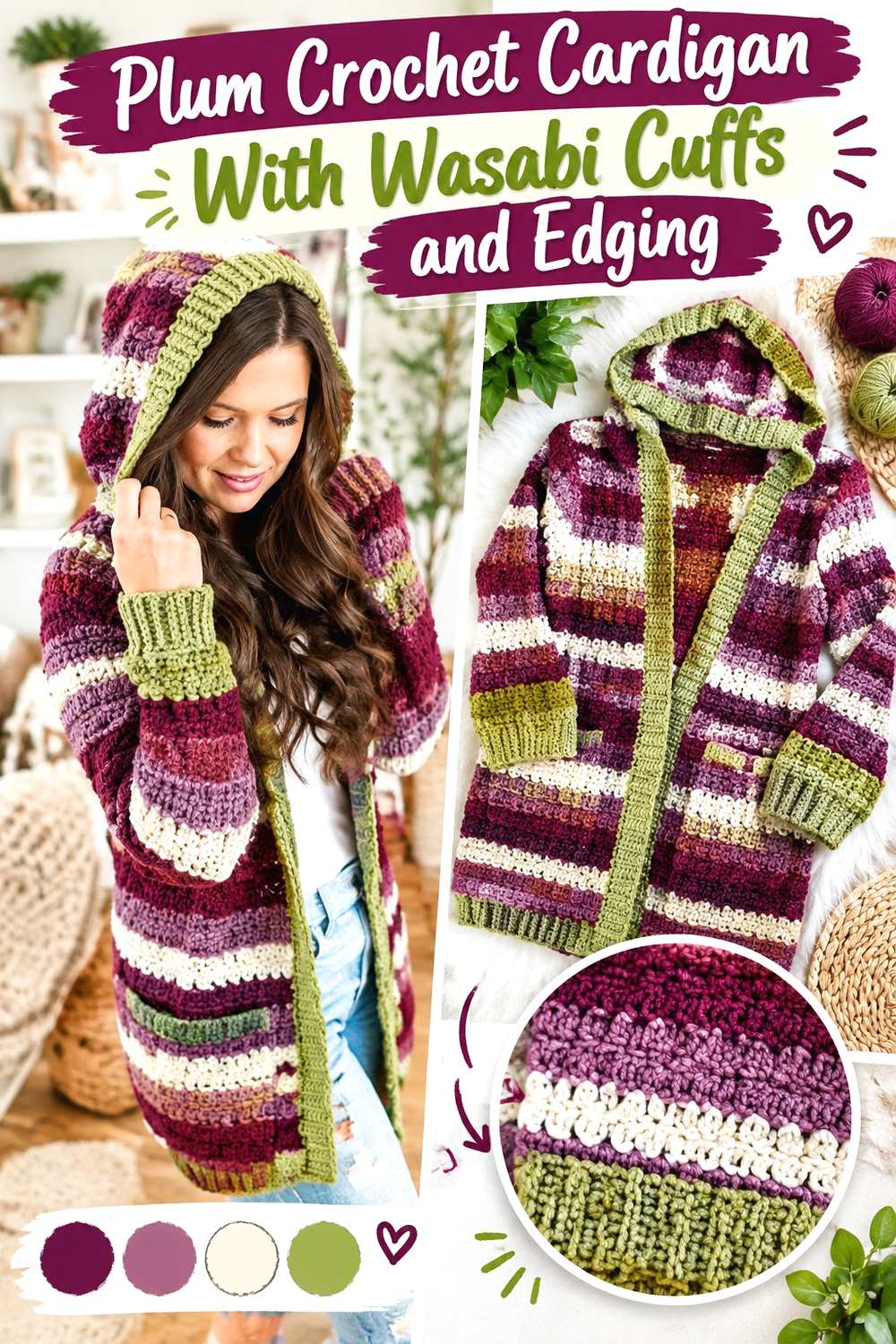 1. Plum Crochet Cardigan With Wasabi Cuffs And Edging