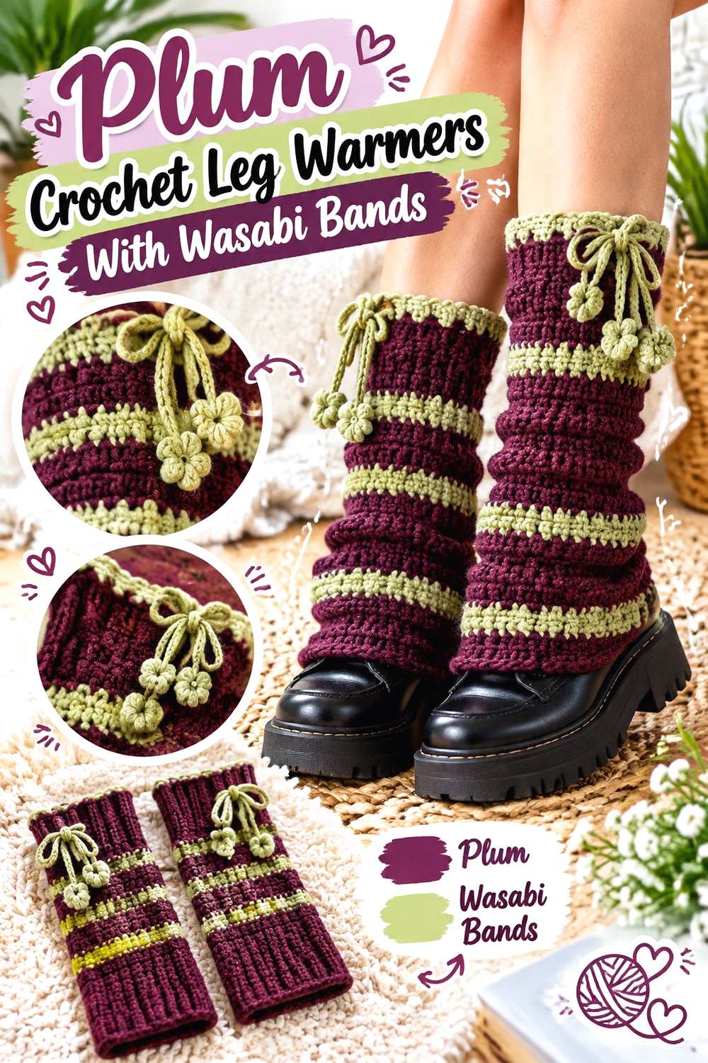9. Plum Crochet Leg Warmers With Wasabi Bands