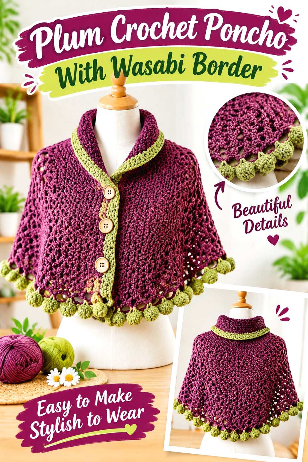 6. Plum Crochet Poncho With Wasabi Border