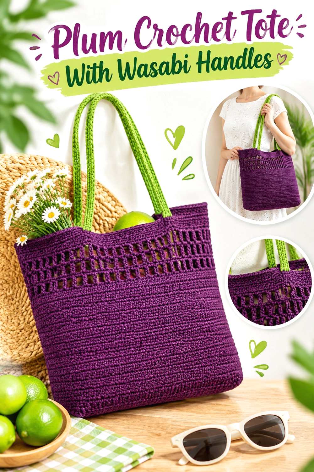 4. Plum Crochet Tote With Wasabi Handles
