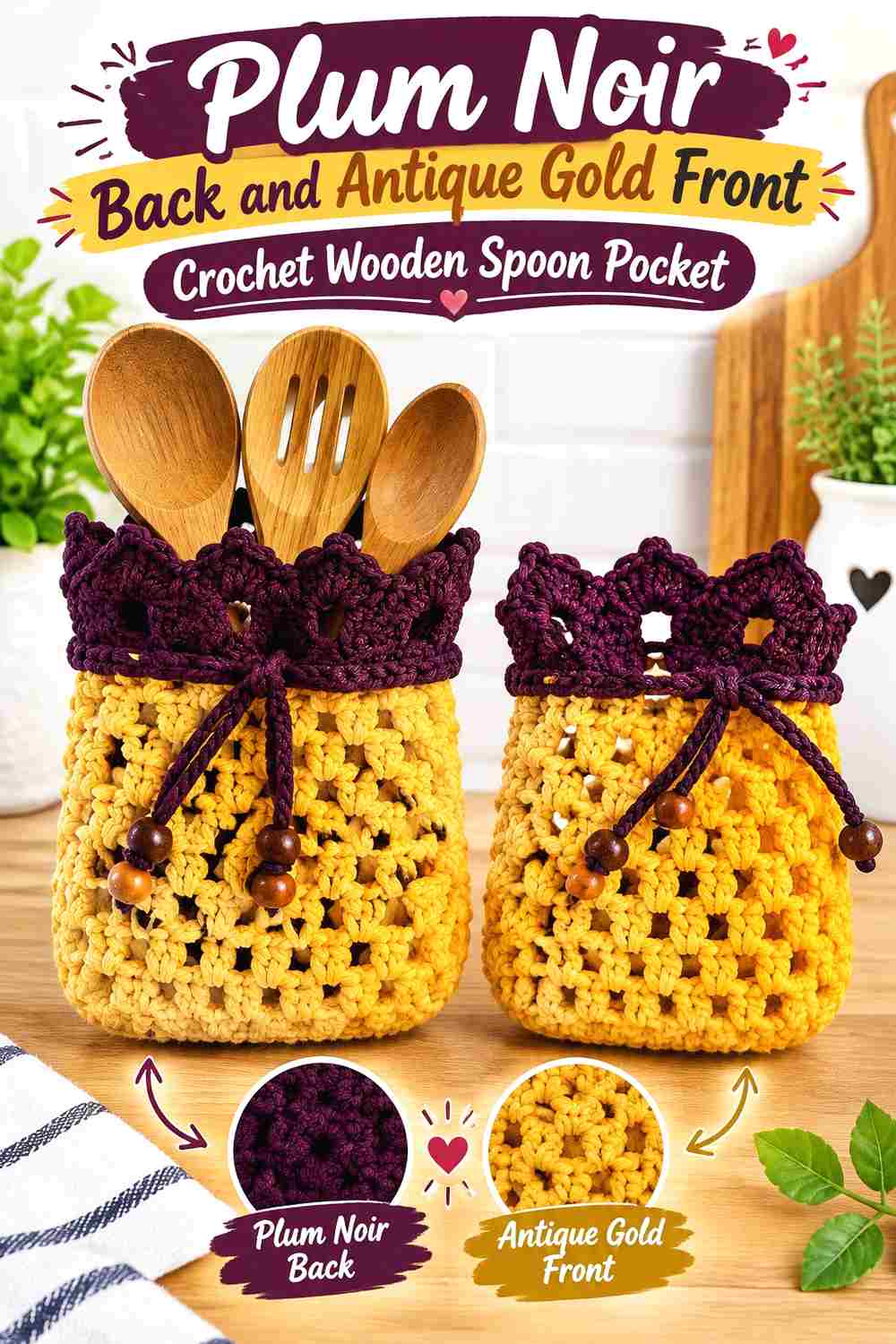 3. Plum Noir Back And Antique Gold Front Crochet Wooden Spoon Pocket