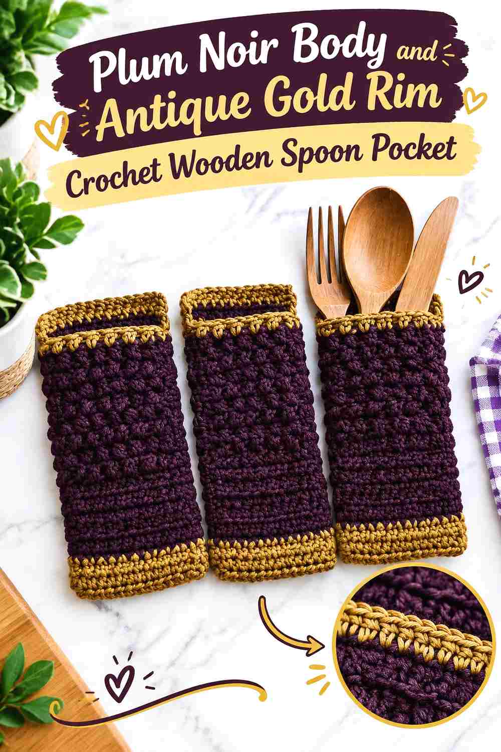 1. Plum Noir Body And Antique Gold Rim Crochet Wooden Spoon Pocket