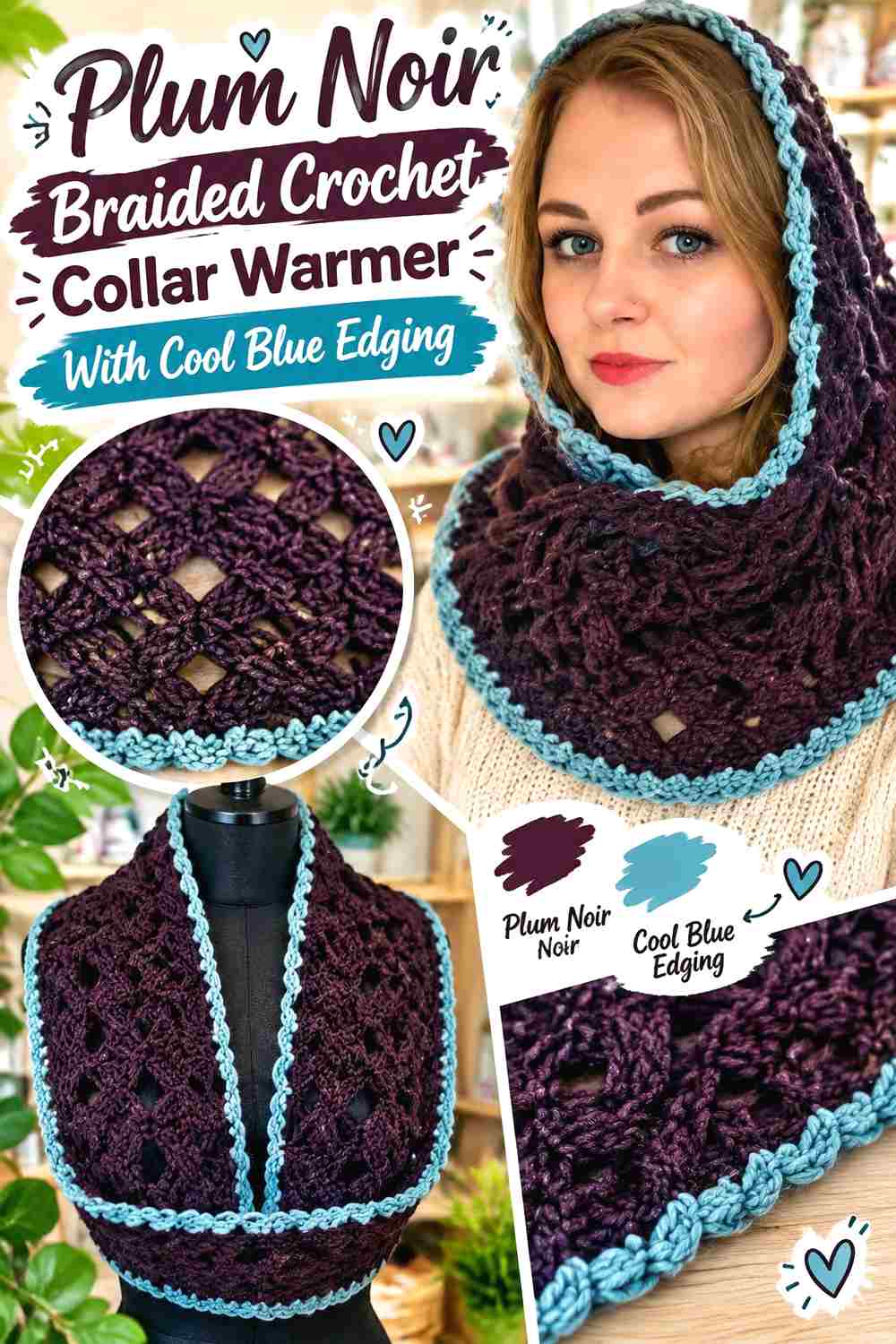 7. Plum Noir Braided Crochet Collar Warmer With Cool Blue Edging