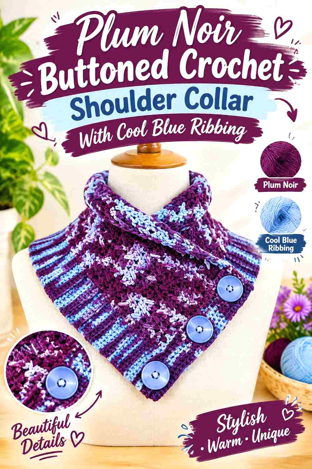 9. Plum Noir Buttoned Crochet Shoulder Collar With Cool Blue Ribbing