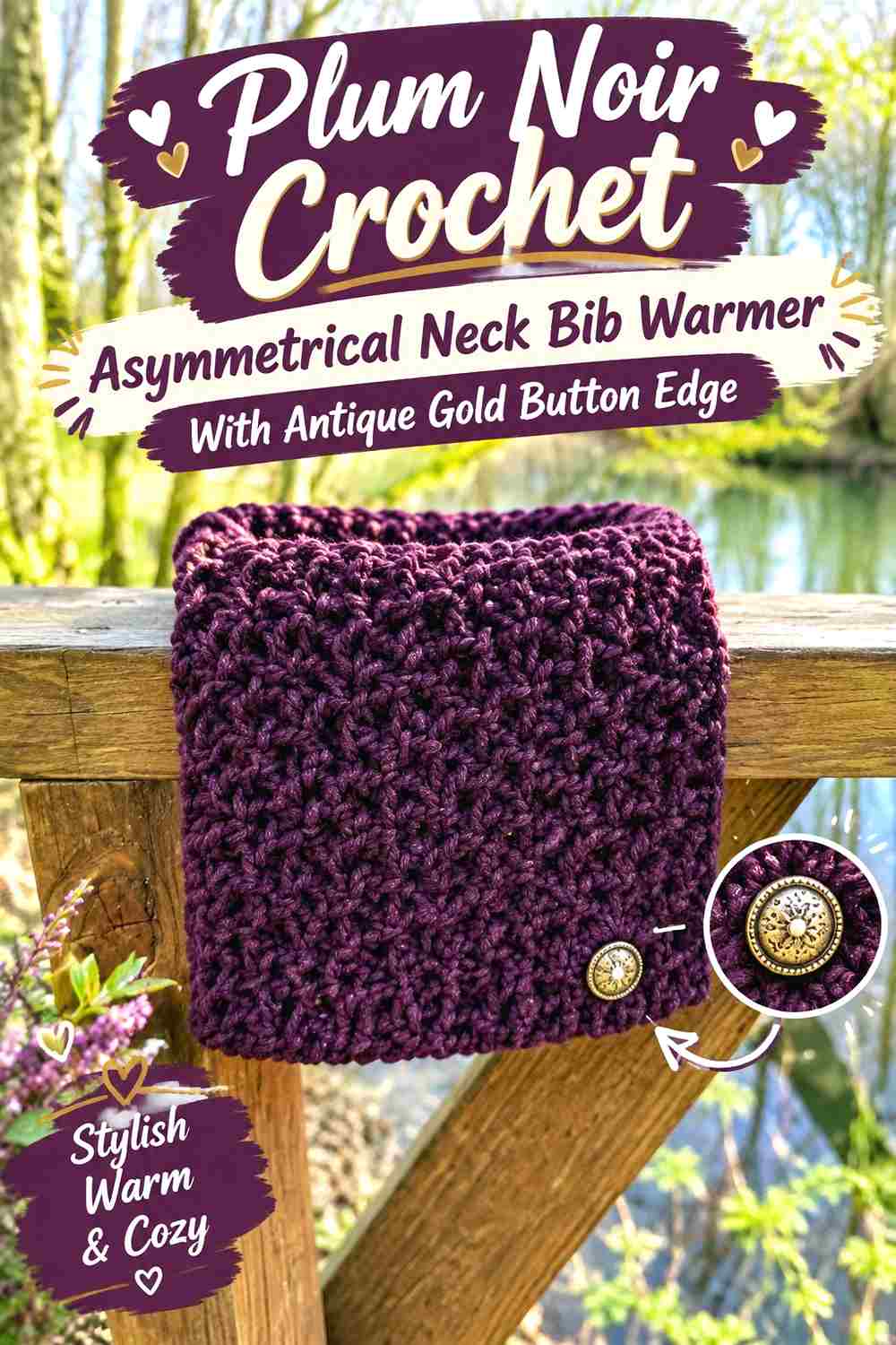 15. Plum Noir Crochet Asymmetrical Neck Bib Warmer With Antique Gold Button Edge