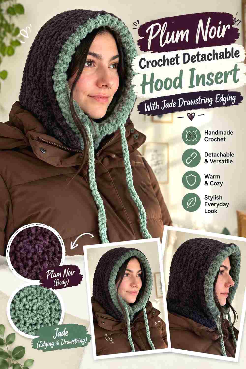 8. Plum Noir Crochet Detachable Hood Insert With Jade Drawstring Edging