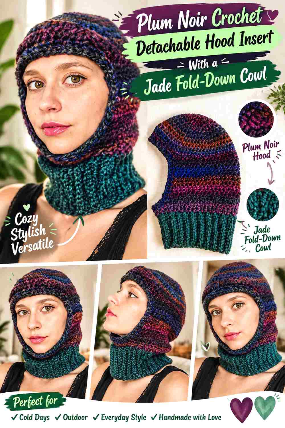 5. Plum Noir Crochet Detachable Hood Insert With A Jade Fold Down Cowl