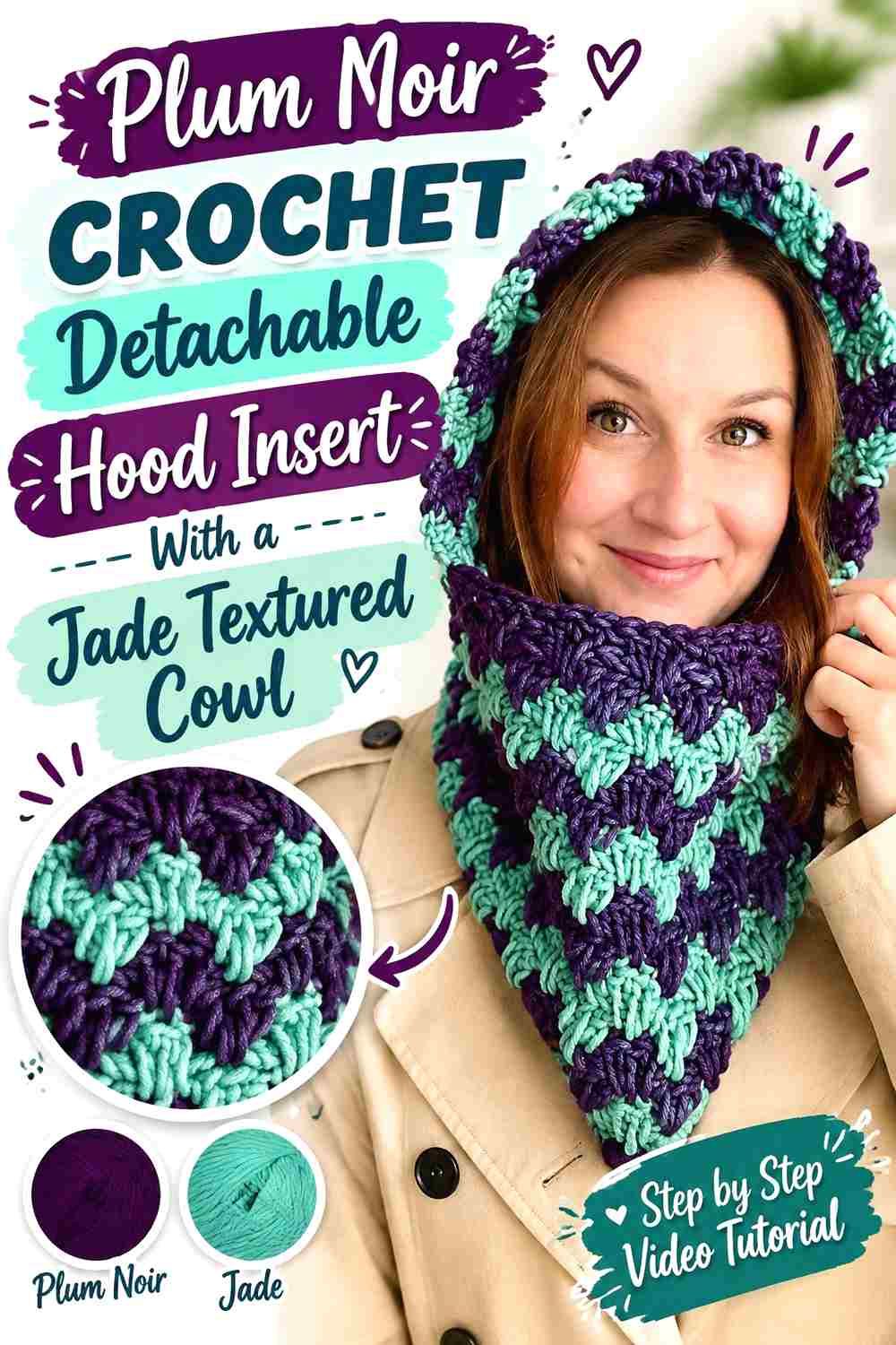 12. Plum Noir Crochet Detachable Hood Insert With A Jade Textured Cowl