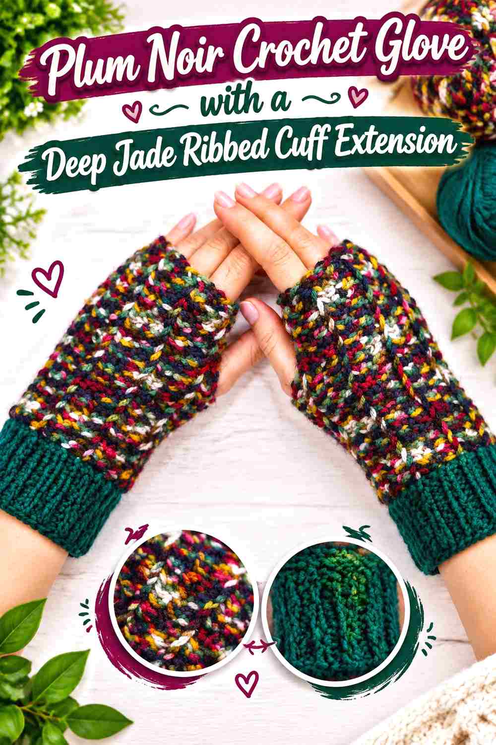 1. Plum Noir Crochet Glove With A Deep Jade Ribbed Cuff Extension