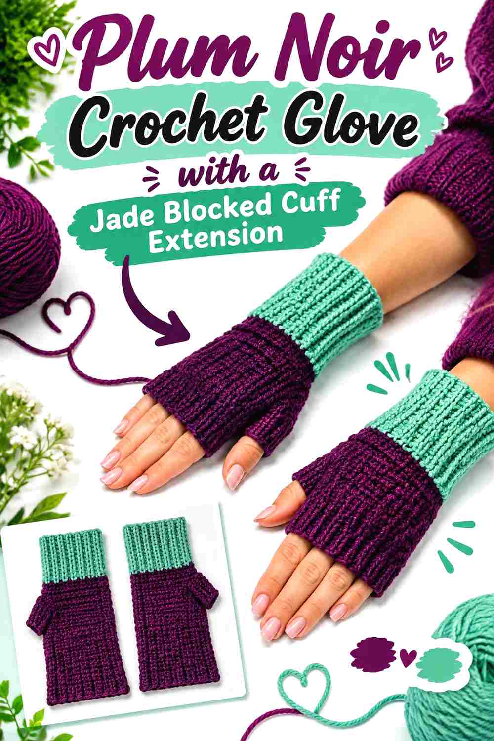 7. Plum Noir Crochet Glove With A Jade Blocked Cuff Extension