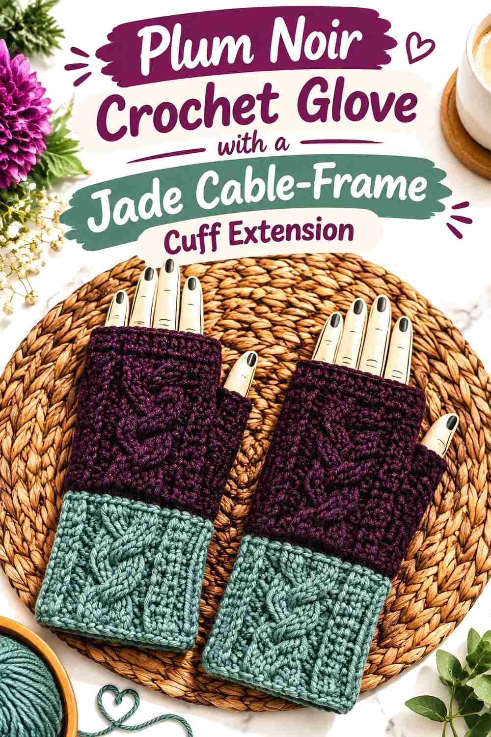 3. Plum Noir Crochet Glove With A Jade Cable Frame Cuff Extension