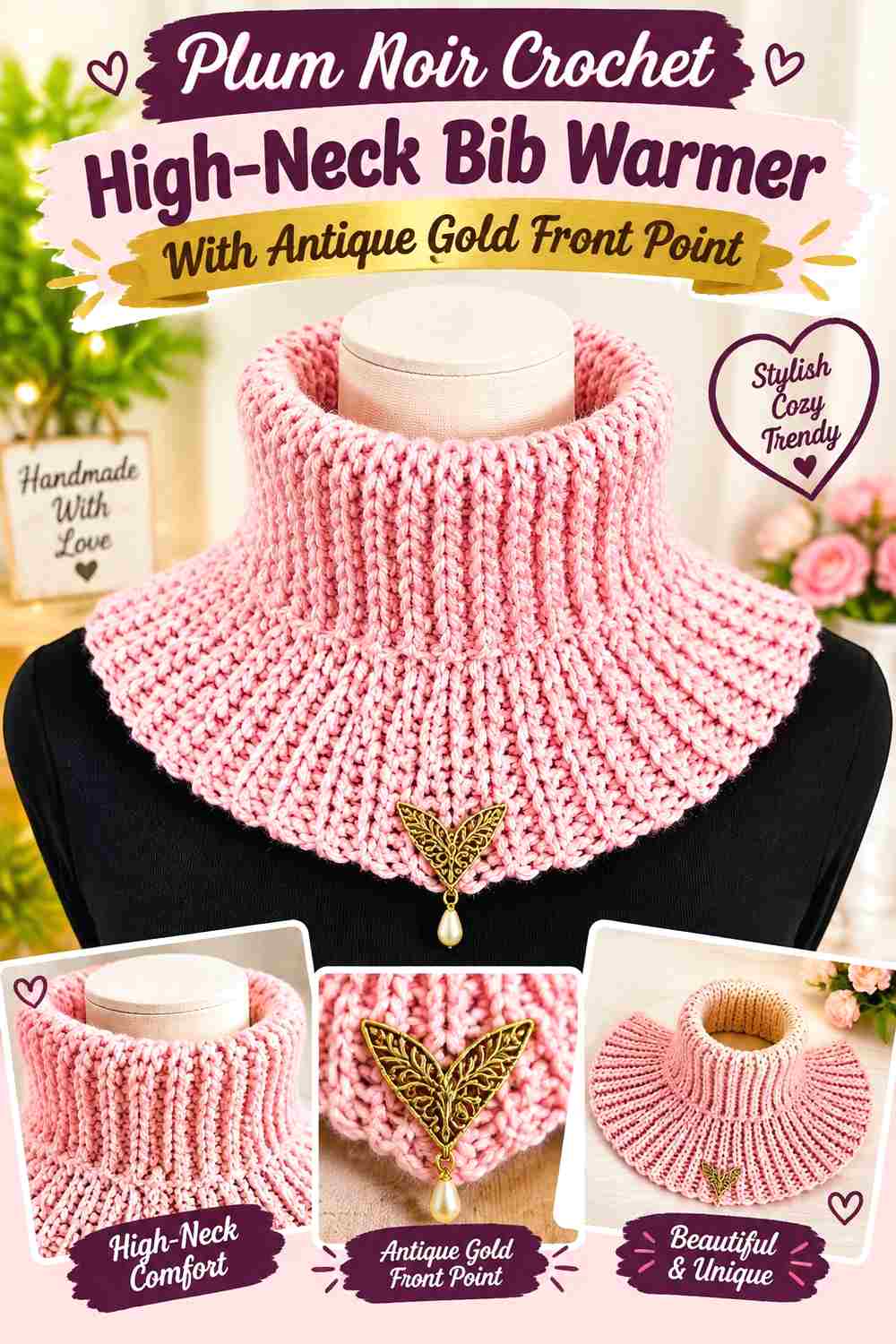 13. Plum Noir Crochet High Neck Bib Warmer With Antique Gold Front Point