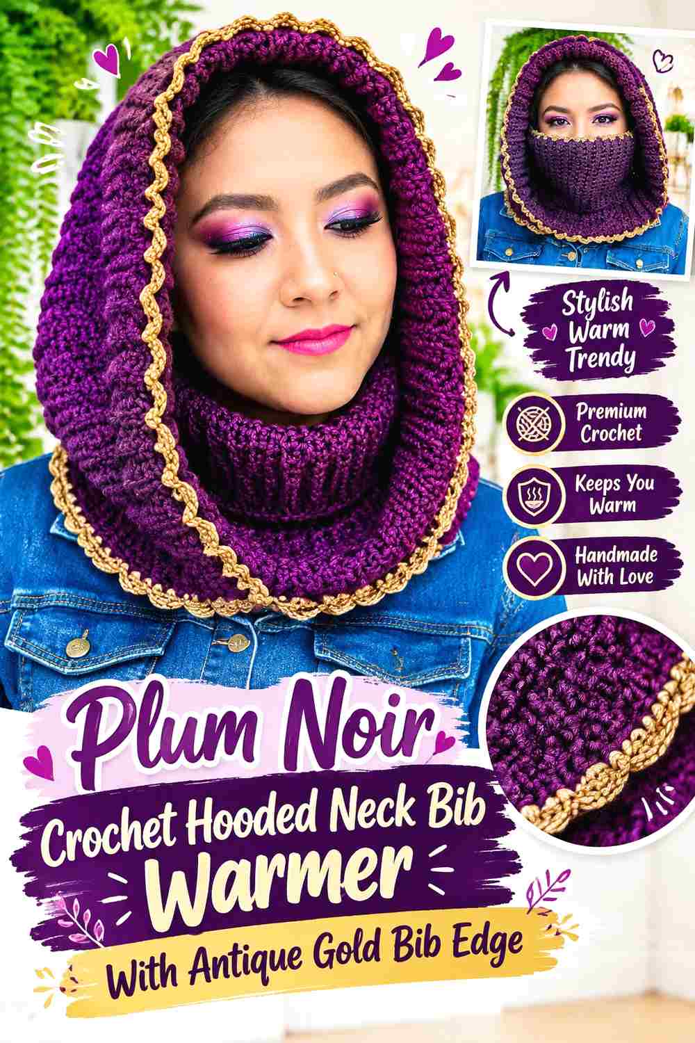 17. Plum Noir Crochet Hooded Neck Bib Warmer With Antique Gold Bib Edge