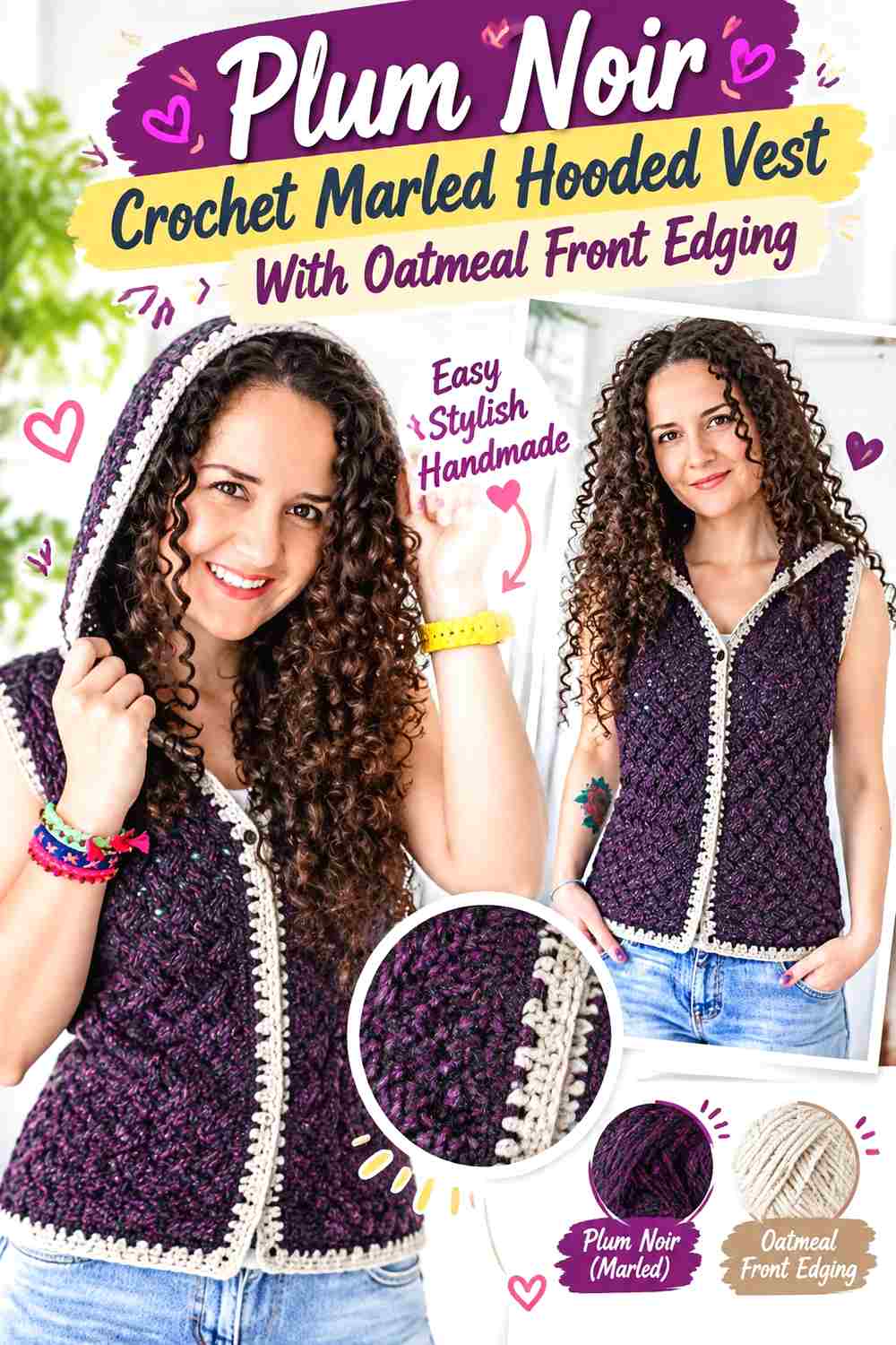 4. Plum Noir Crochet Marled Hooded Vest With Oatmeal Front Edging