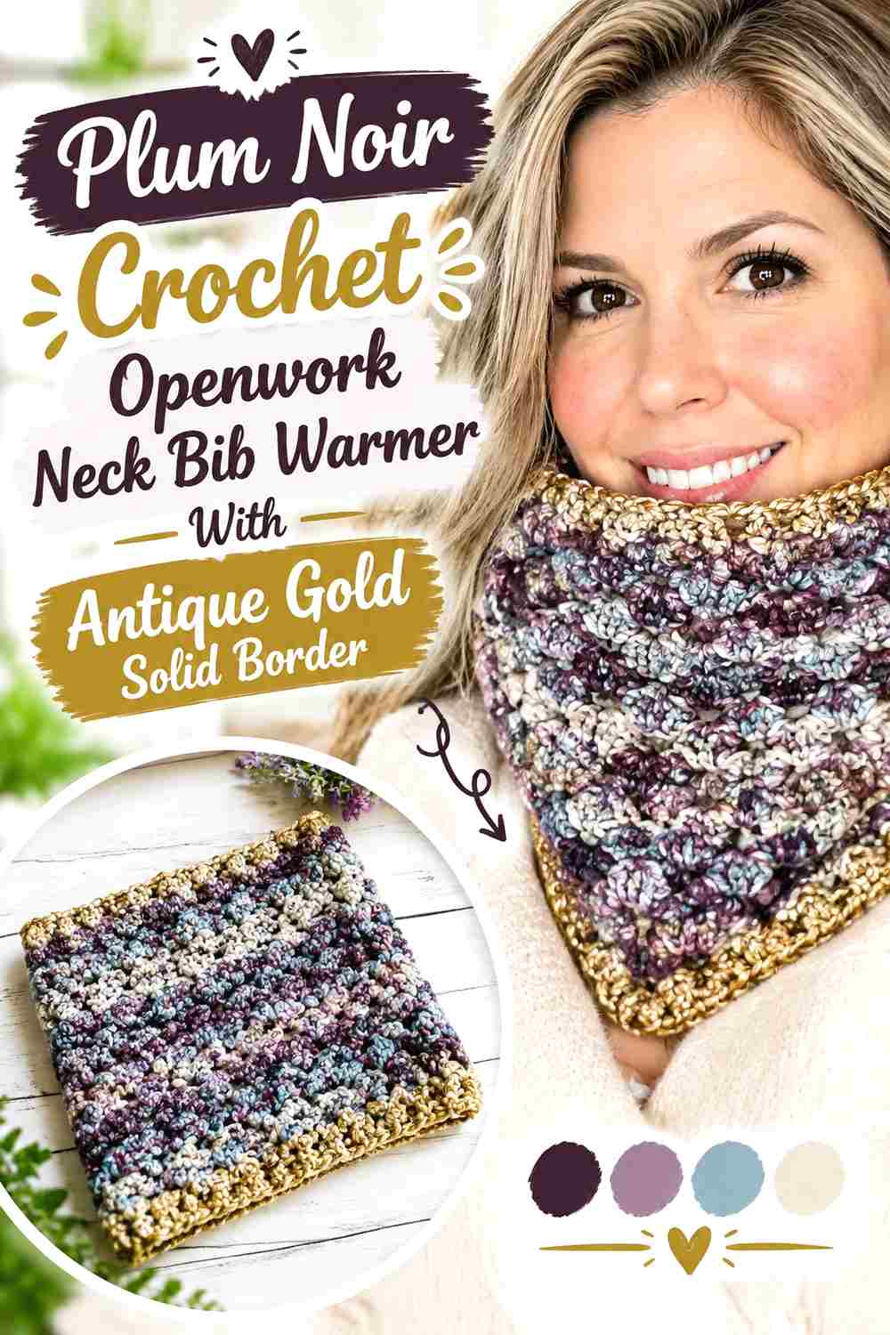 18. Plum Noir Crochet Openwork Neck Bib Warmer With Antique Gold Solid Border