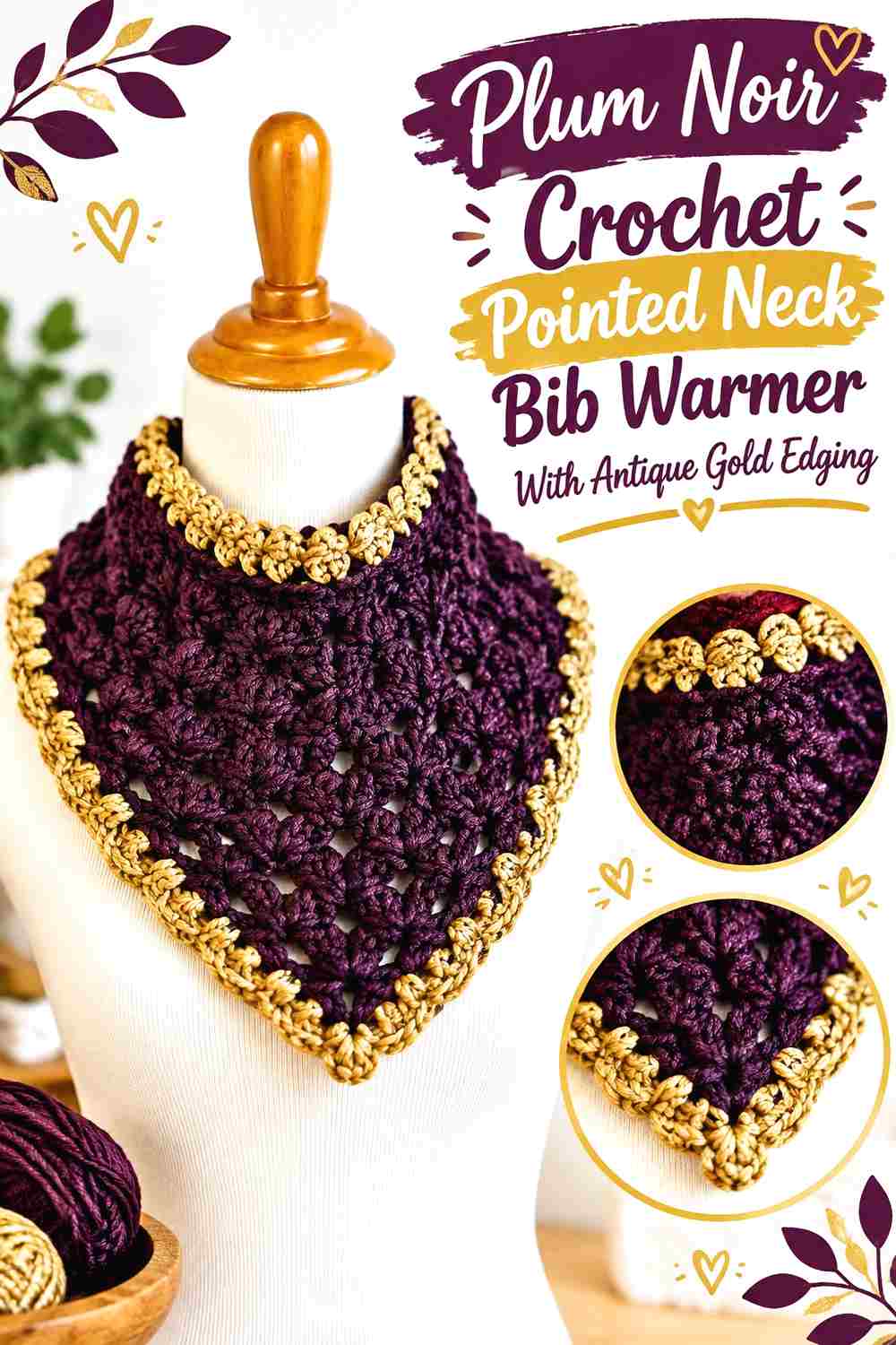 3. Plum Noir Crochet Pointed Neck Bib Warmer With Antique Gold Edging
