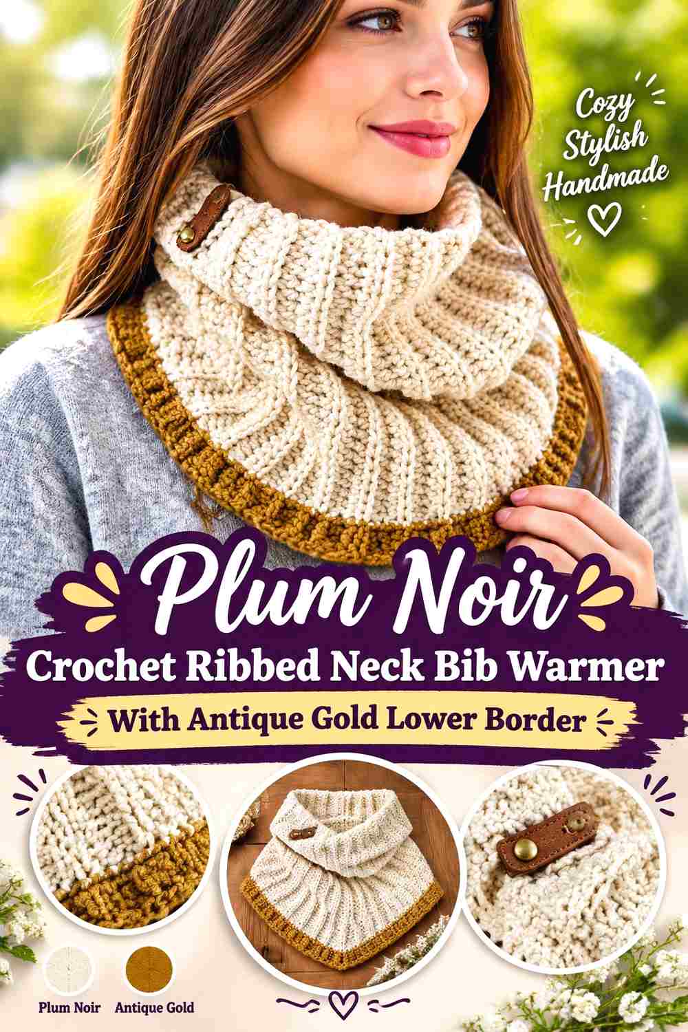 7. Plum Noir Crochet Ribbed Neck Bib Warmer With Antique Gold Lower Border