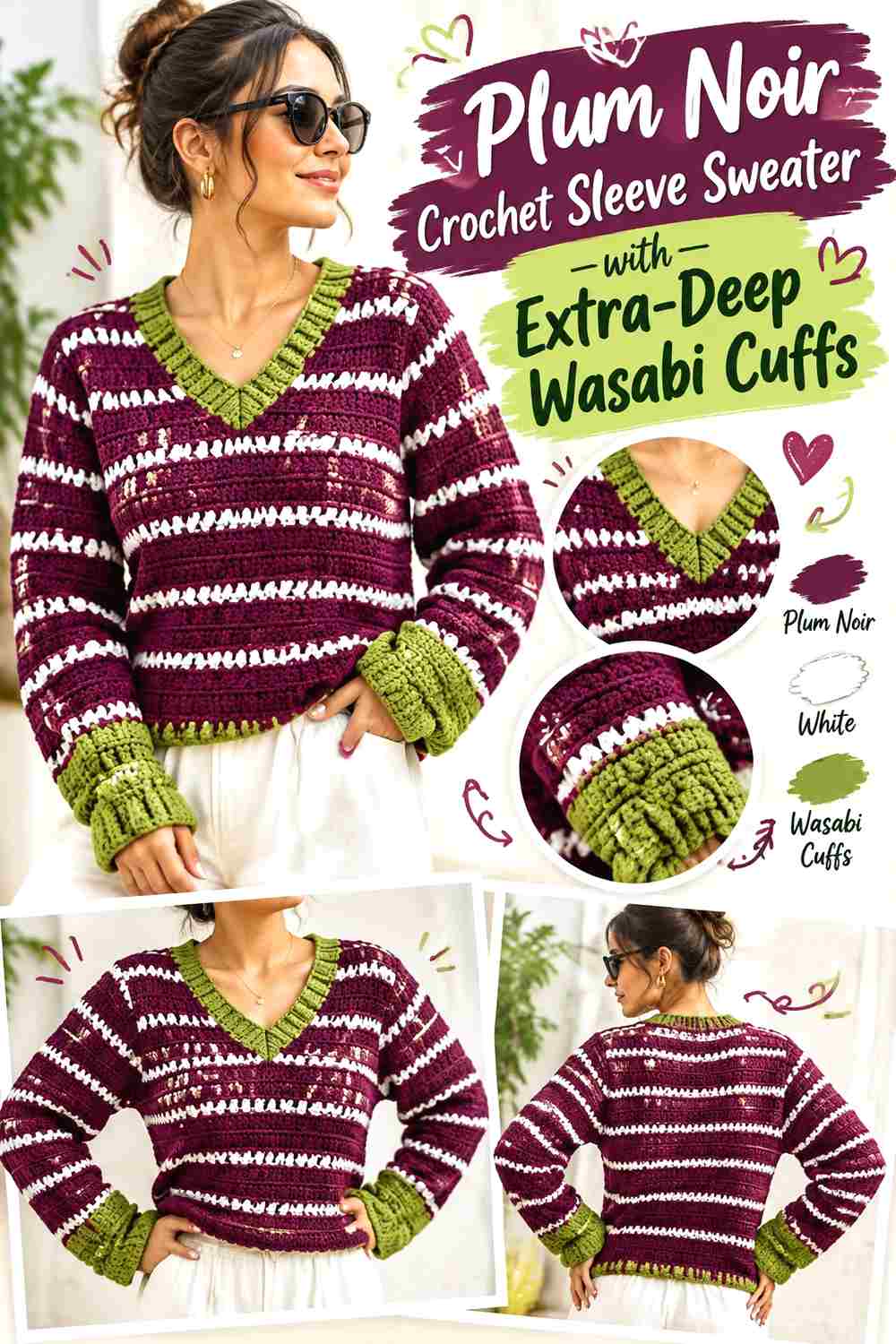 6. Plum Noir Crochet Sleeve Sweater With Extra Deep Wasabi Cuffs