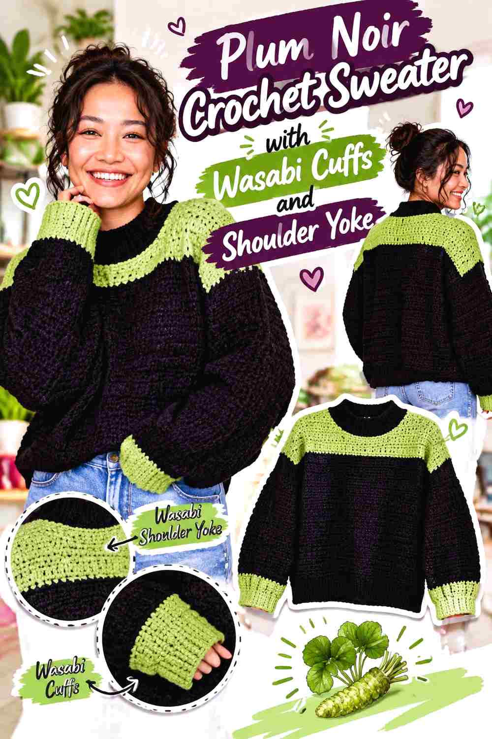 11. Plum Noir Crochet Sweater With Wasabi Cuffs And Shoulder Yoke