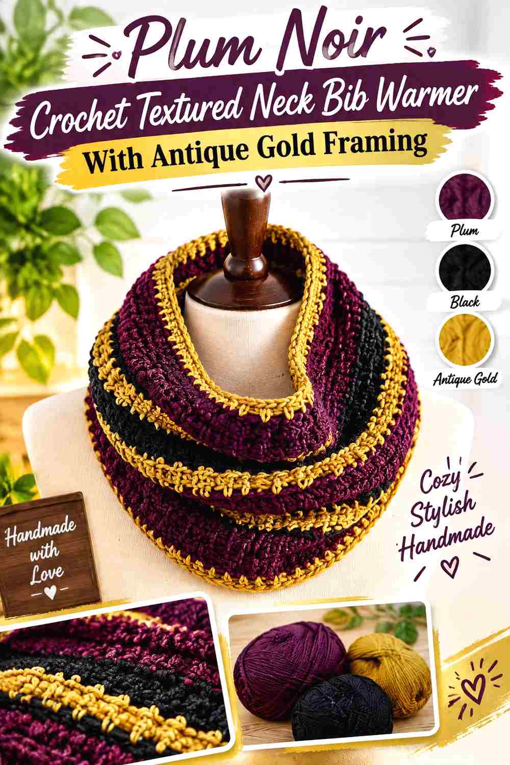 10. Plum Noir Crochet Textured Neck Bib Warmer With Antique Gold Framing