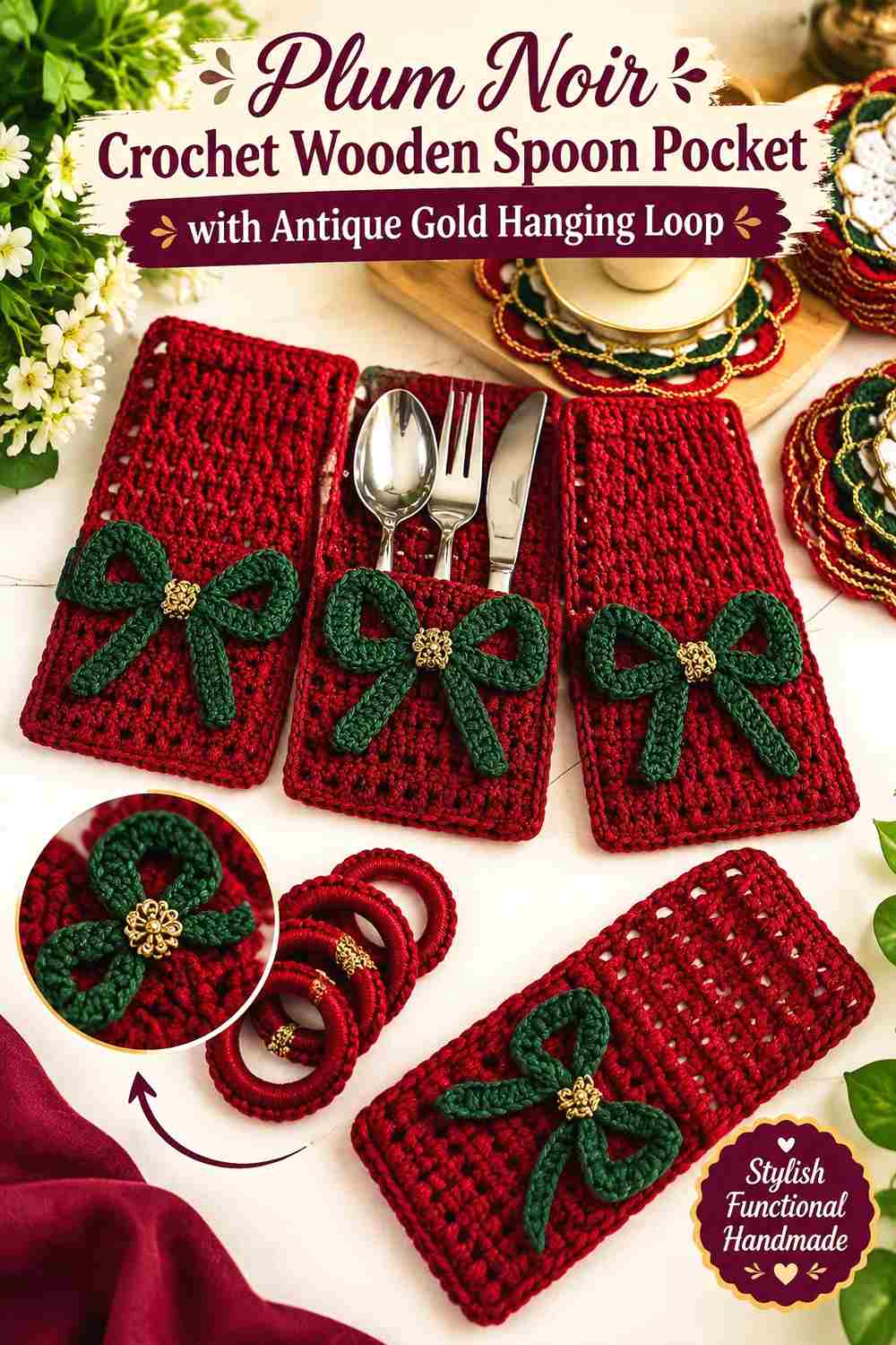 6. Plum Noir Crochet Wooden Spoon Pocket With Antique Gold Hanging Loop
