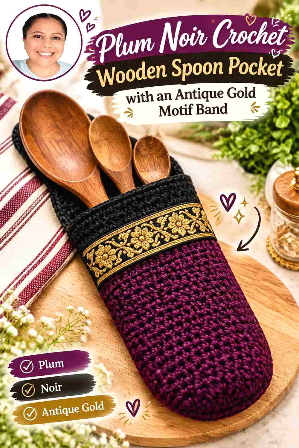 9. Plum Noir Crochet Wooden Spoon Pocket With An Antique Gold Motif Band
