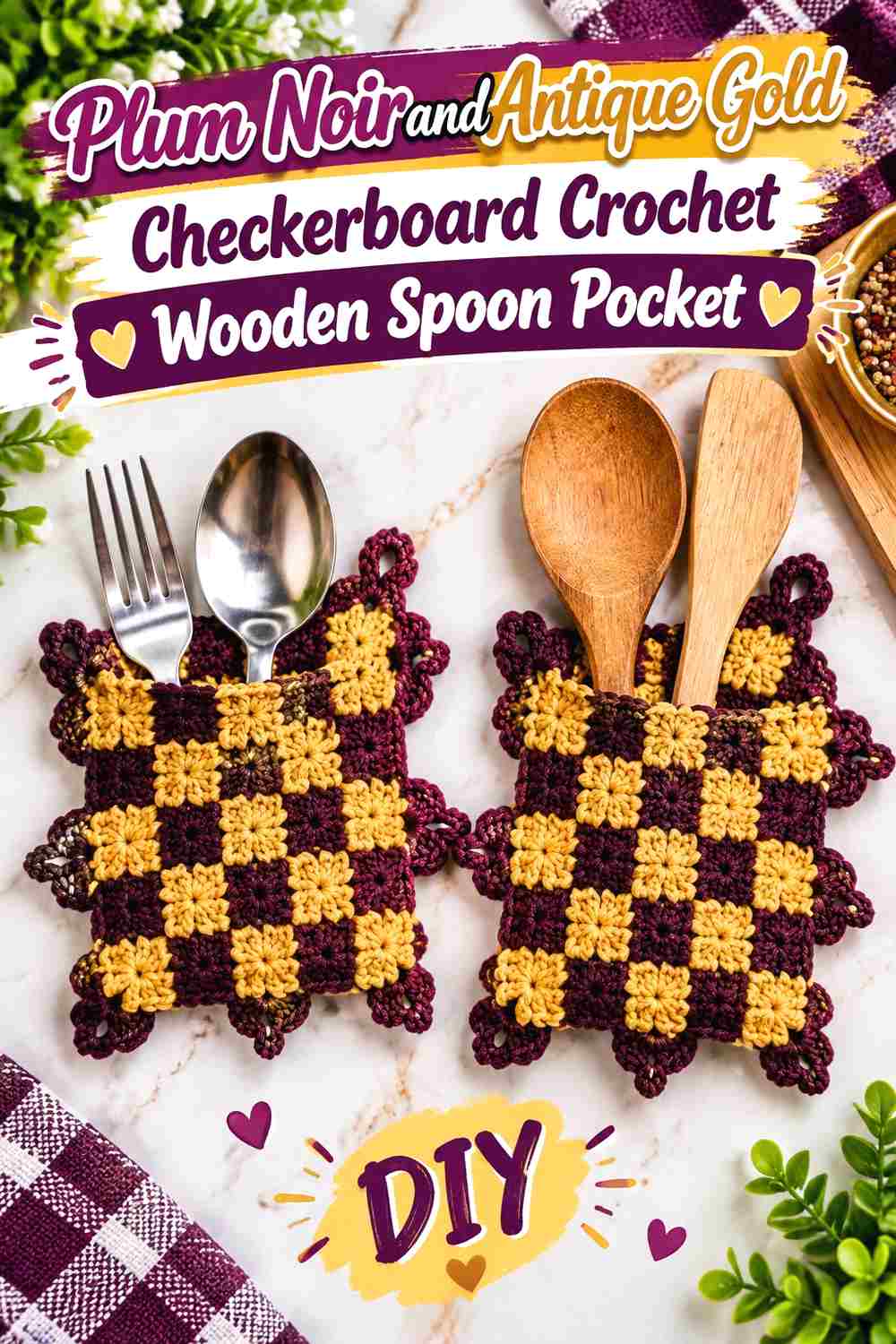 8. Plum Noir And Antique Gold Checkerboard Crochet Wooden Spoon Pocket
