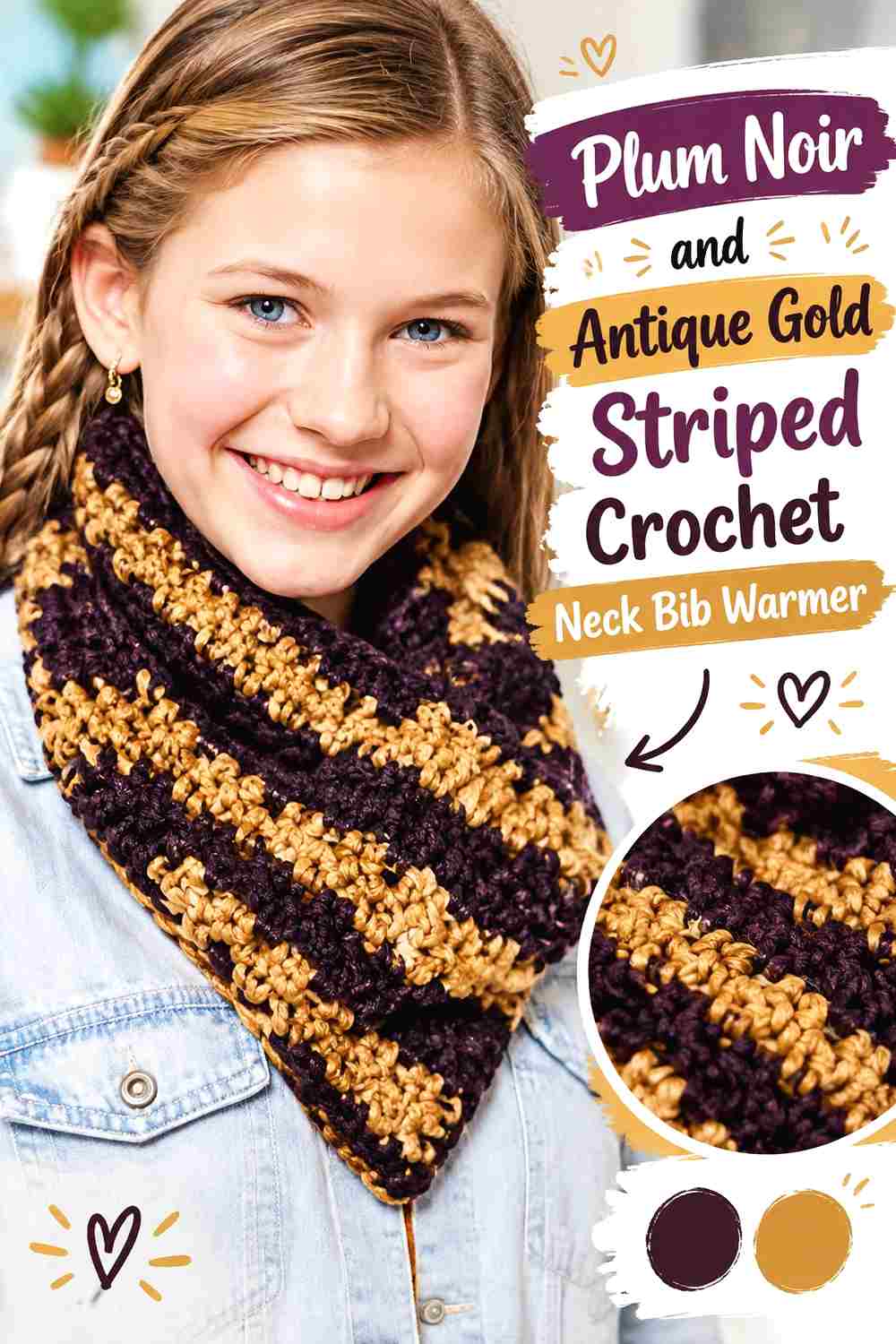 14. Plum Noir And Antique Gold Striped Crochet Neck Bib Warmer