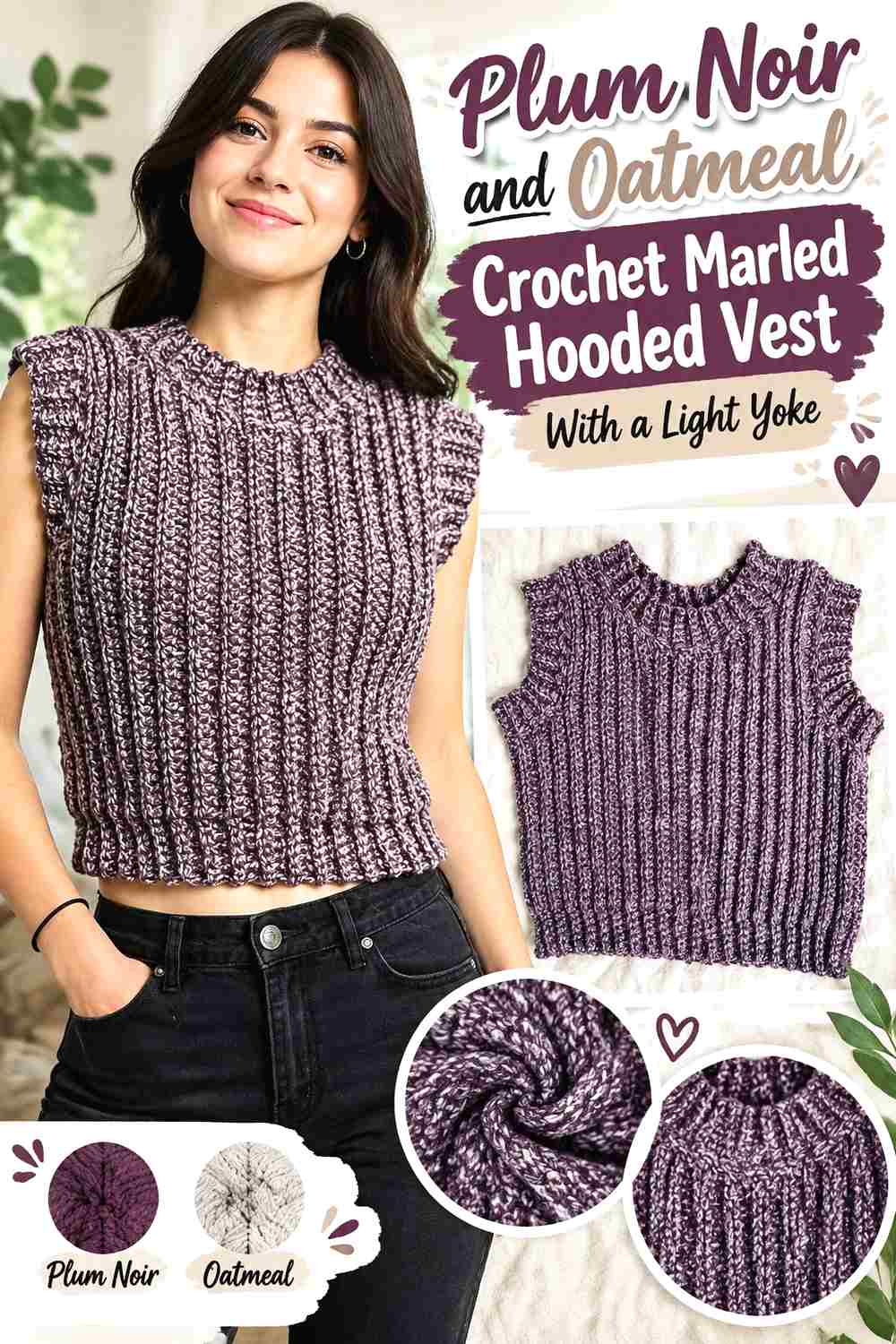 2. Plum Noir And Oatmeal Crochet Marled Hooded Vest With A Light Yoke