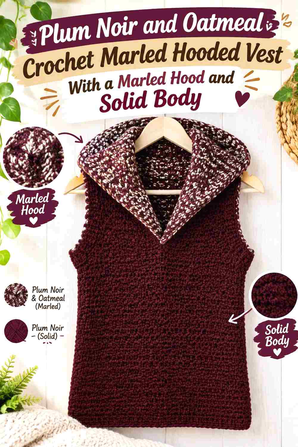 14. Plum Noir And Oatmeal Crochet Marled Hooded Vest With A Marled Hood And Solid Body