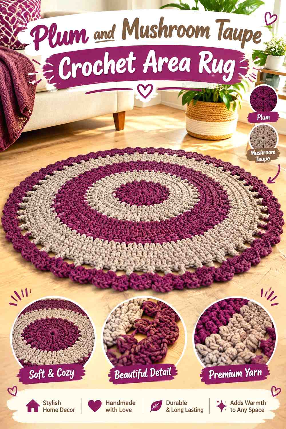 9. Plum And Mushroom Taupe Crochet Area Rug