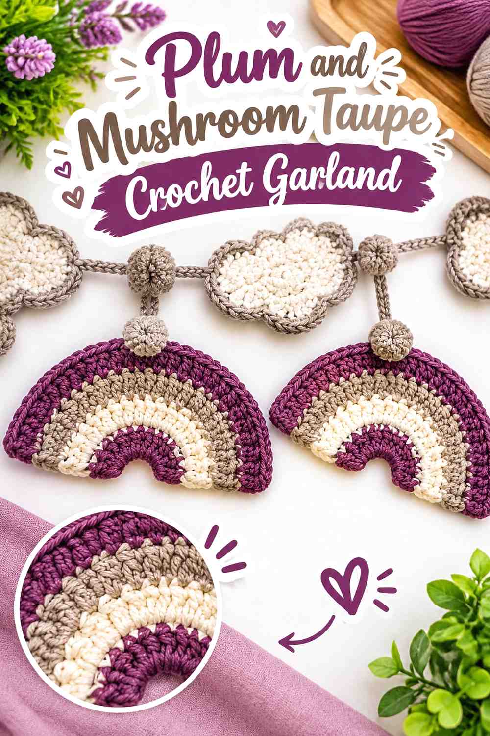 13. Plum And Mushroom Taupe Crochet Garland