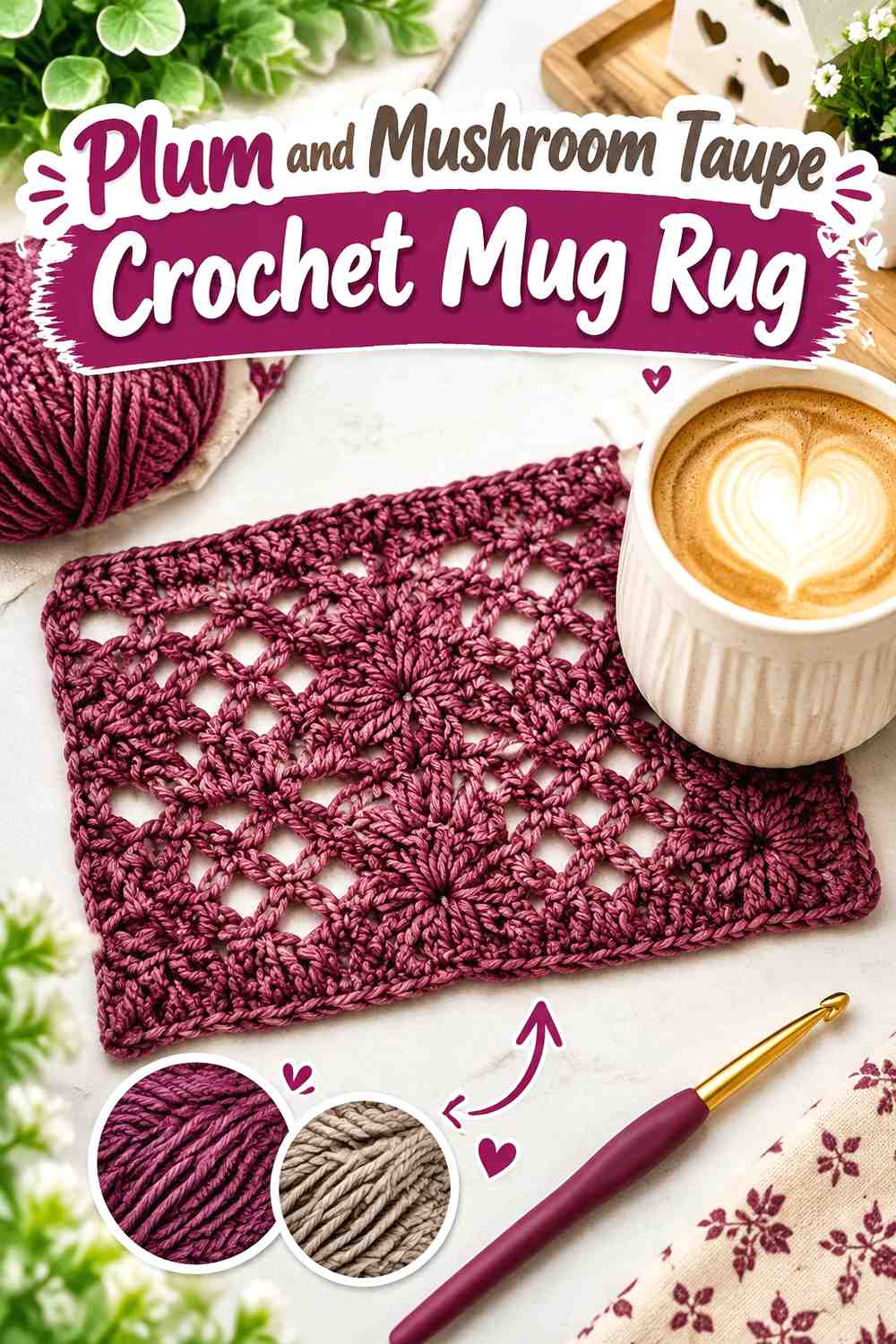 17. Plum And Mushroom Taupe Crochet Mug Rug