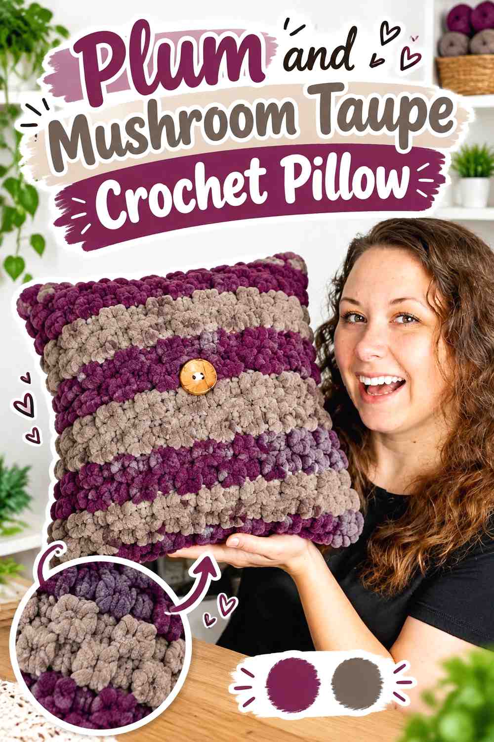 1. Plum And Mushroom Taupe Crochet Pillow