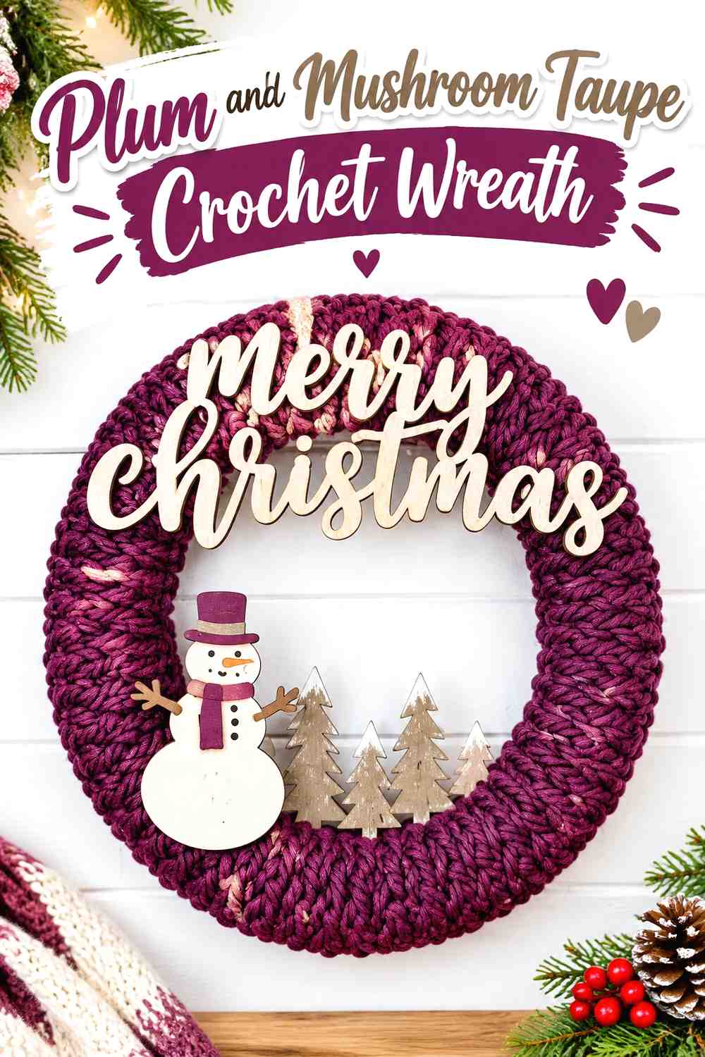 12. Plum And Mushroom Taupe Crochet Wreath